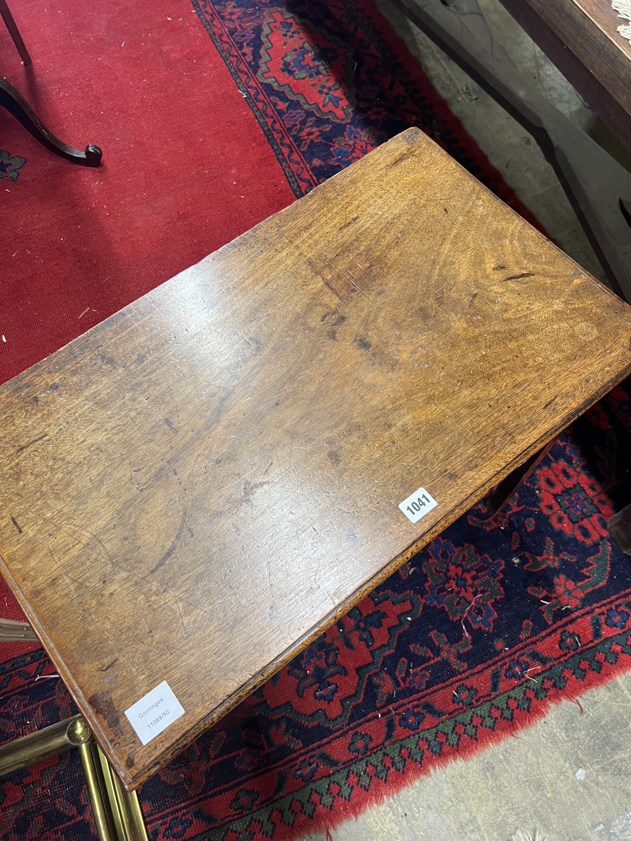 A George III mahogany side table with single drawer, raised on tapered squared legs, width 68cm, depth 40cm, height 65cm